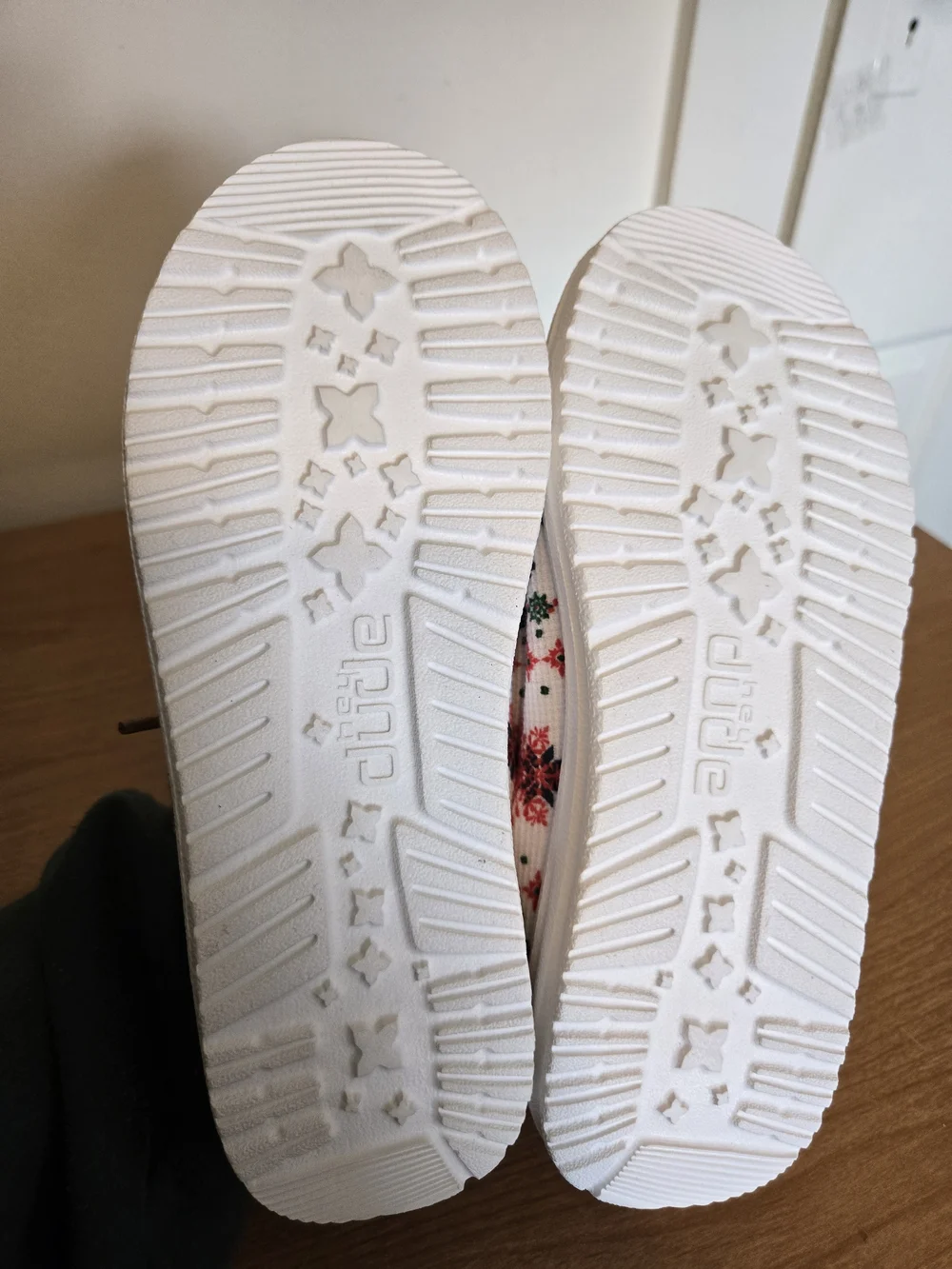 Hey Dude Kids White Slip-On Sneakers with Red and Green Pattern